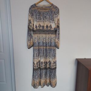 Isabella Bird Paisley Print V-neck Long Sleeve Silk Midi Dress Size 10